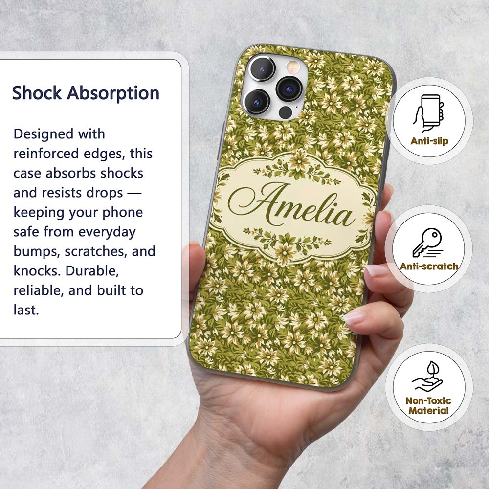 Floral Daisy Olive Green Garden Seamless Pattern Custom Name Protective Phone Case Mobile Cover Durable Everyday Smartphone Shock Resistant