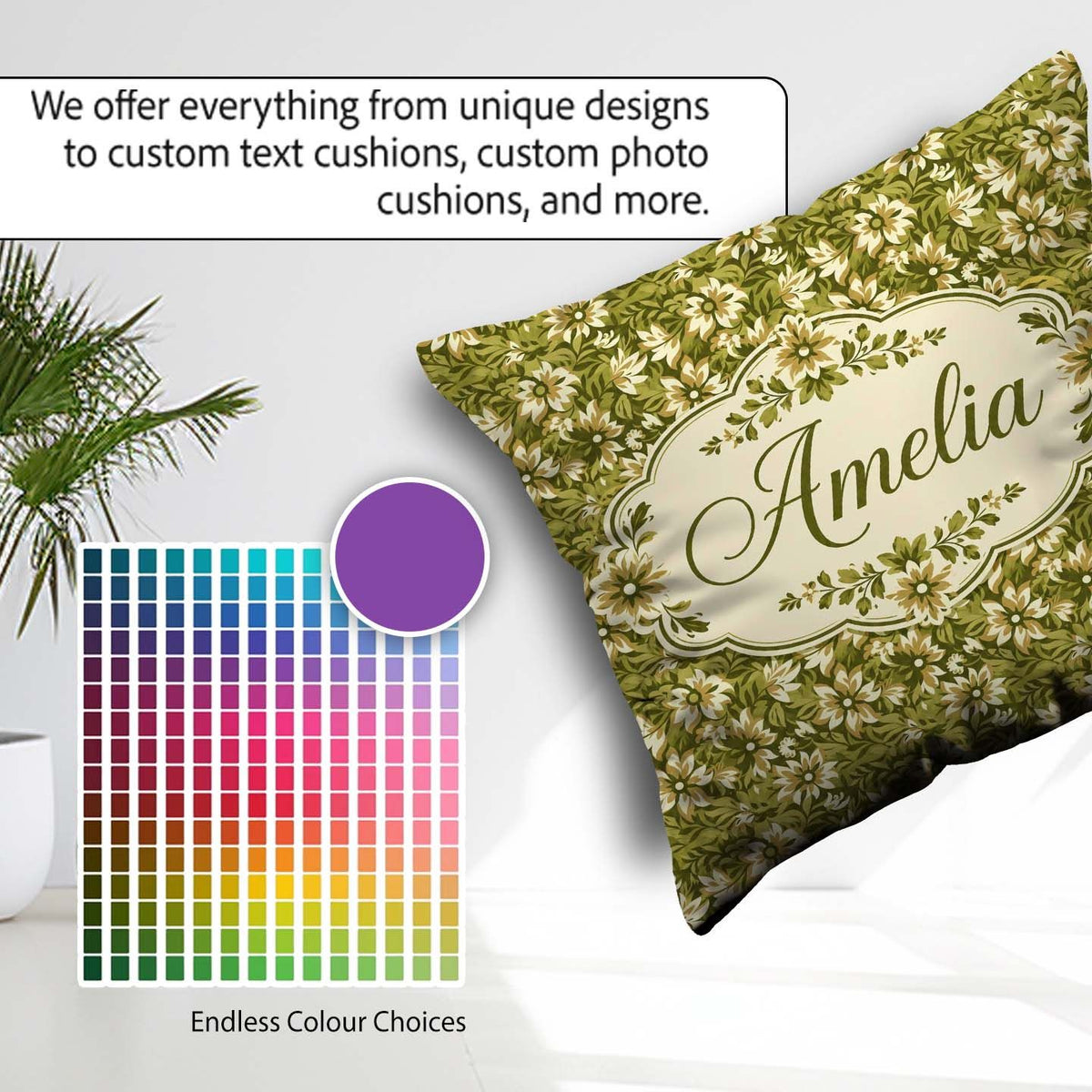 Custom Name Floral Daisy Olive Garden Seamless Pattern Name Cute Square Filled Cushion Throw Pillow Sofa Bed Home Decor Zip Washable UK Made