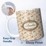 Personalized Custom Name Elegant Vintage Paisley Red Blue Cream Seamless Pattern Name Cute 11oz Ceramic Coffee Tea Mug White Large Handle