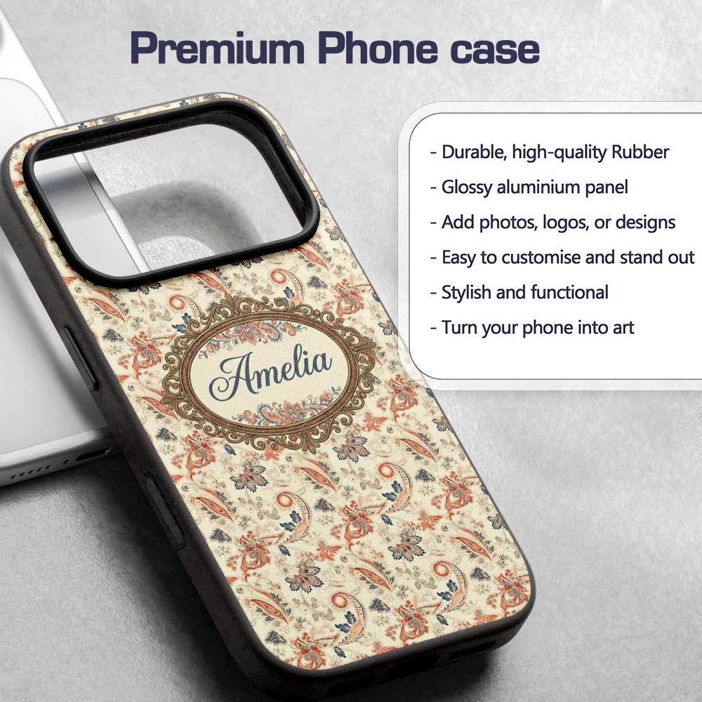Elegant Vintage Paisley Red Blue Cream Seamless Custom Name Protective Phone Case Mobile Cover Durable Everyday Smartphone Shock Resistant