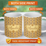 Personalized Custom Name Serene Buddha Sitting with Floral Background Seamless Pattern Lovely 11oz Ceramic Coffee Tea Mug White Large Handle