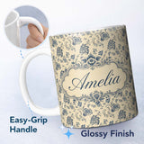 Personalized Custom Name Classic Blue Toile Floral Vintage Seamless Pattern Name Cute Unique 11oz Ceramic Coffee Tea Mug White Large Handle
