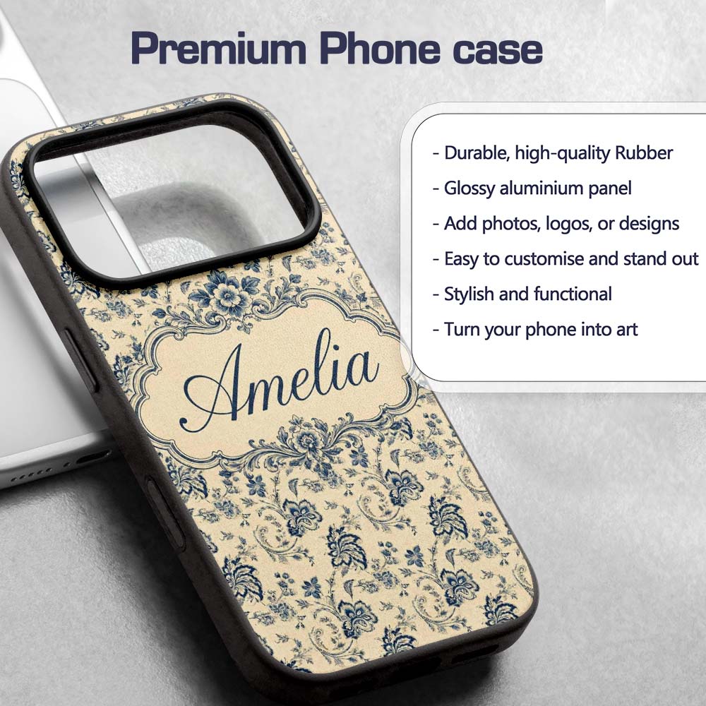 Classic Blue Toile Floral Vintage Printed Design Custom Name Protective Phone Case Mobile Cover Durable Everyday Smartphone Shock Resistant
