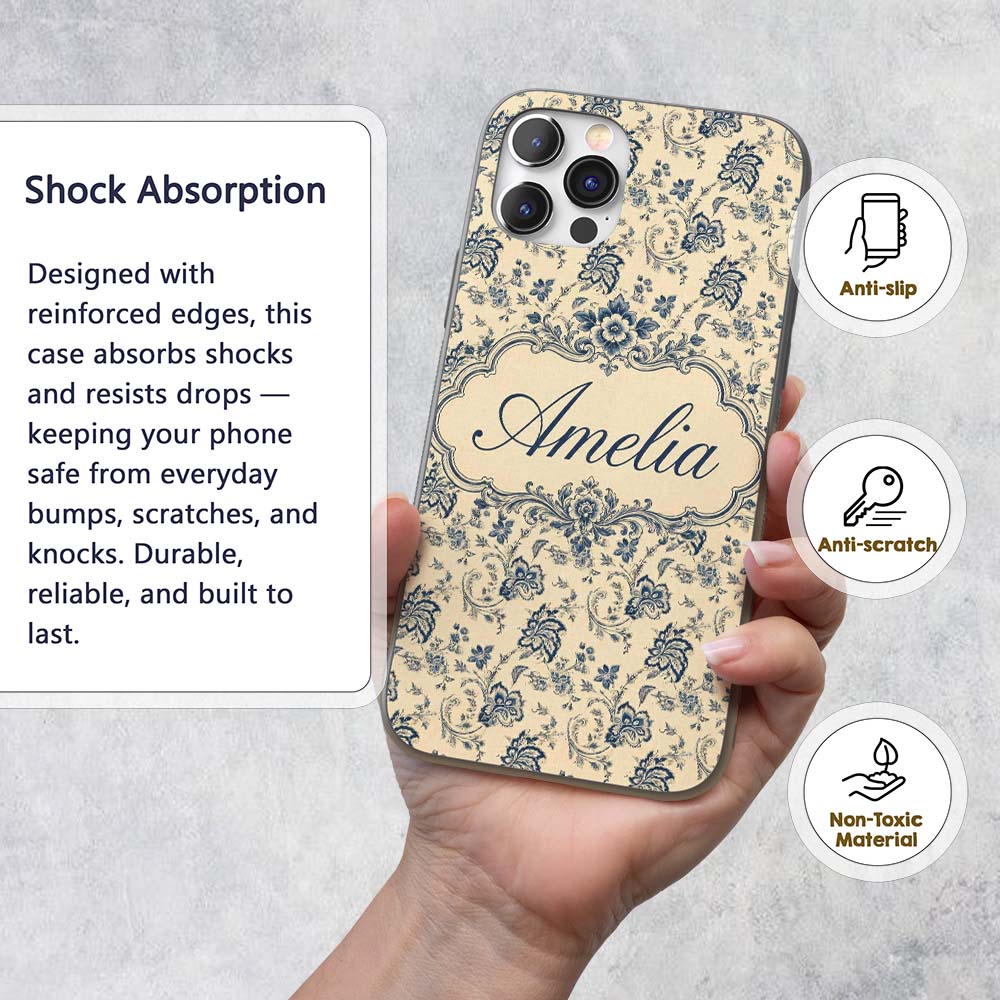 Classic Blue Toile Floral Vintage Printed Design Custom Name Protective Phone Case Mobile Cover Durable Everyday Smartphone Shock Resistant