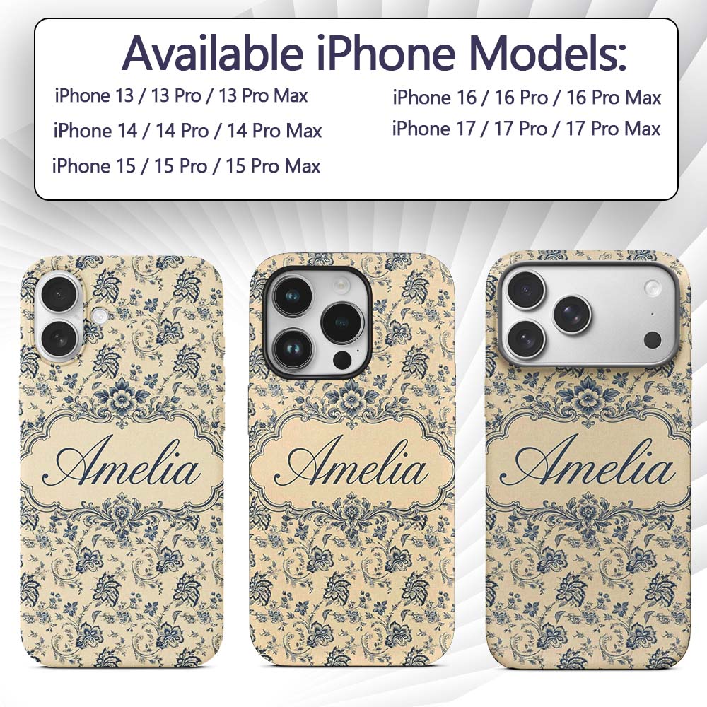 Classic Blue Toile Floral Vintage Printed Design Custom Name Protective Phone Case Mobile Cover Durable Everyday Smartphone Shock Resistant