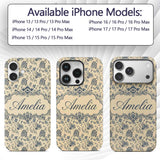 Classic Blue Toile Floral Vintage Printed Design Custom Name Protective Phone Case Mobile Cover Durable Everyday Smartphone Shock Resistant