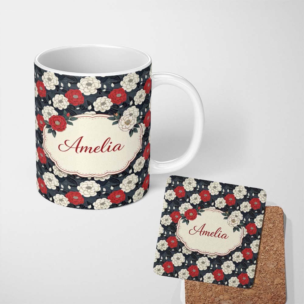Personalized Custom Name Bold Red and Ivory Camellia Floral Seamless Pattern Cute Unique Gift 11oz Ceramic Coffee Tea Mug White Large Handle