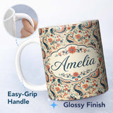 Personalized Custom Name Bohemian Paisley Red Blue Floral Seamless Pattern Name Cute Unique 11oz Ceramic Coffee Tea Mug White Large Handle
