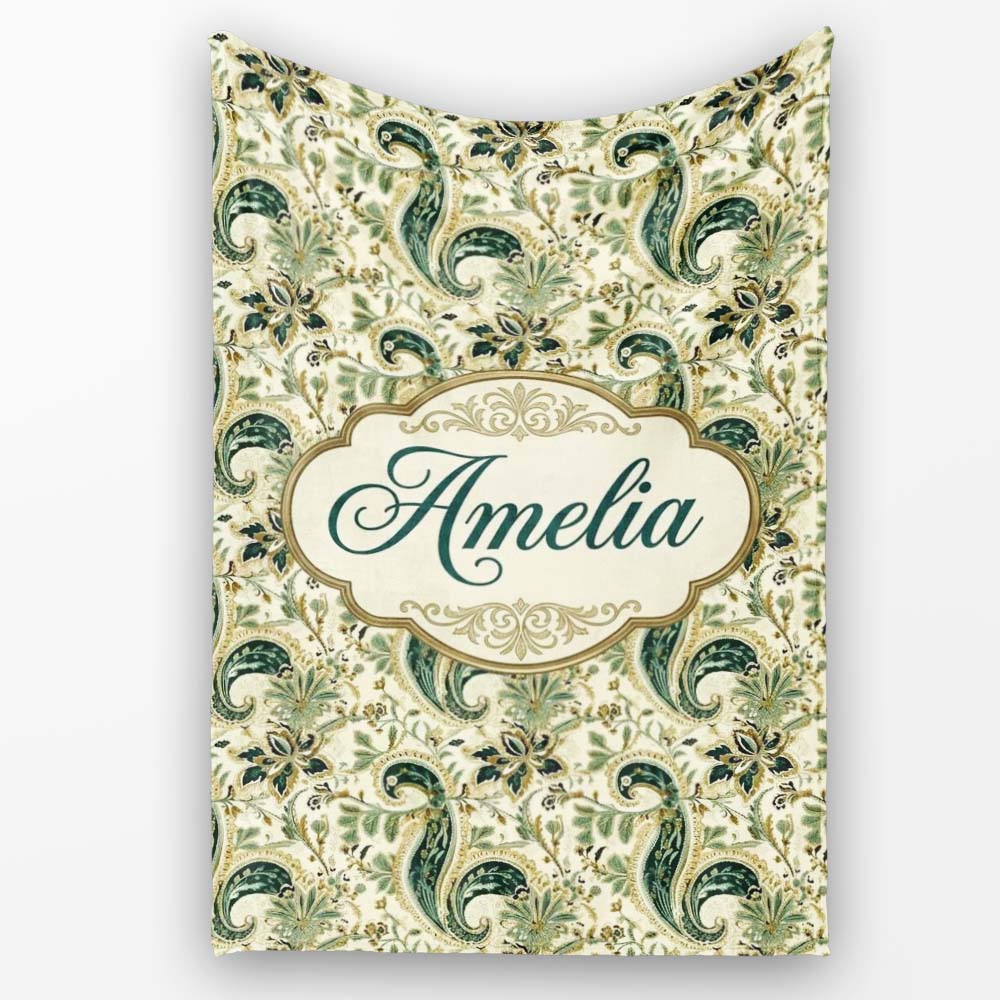Elegant Green Gold Paisley Floral Seamless Pattern Name Cute Unique  Personalised Custom Name Super Soft Fleece Blanket Bed Sofa Throw