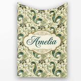 Elegant Green Gold Paisley Floral Seamless Pattern Name Cute Unique  Personalised Custom Name Super Soft Fleece Blanket Bed Sofa Throw