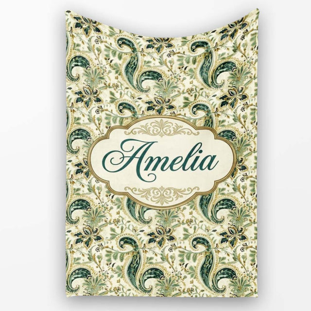 Elegant Green Gold Paisley Floral Seamless Pattern Name Cute Unique  Personalised Custom Name Super Soft Fleece Blanket Bed Sofa Throw