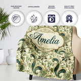 Elegant Green Gold Paisley Floral Seamless Pattern Name Cute Unique  Personalised Custom Name Super Soft Fleece Blanket Bed Sofa Throw