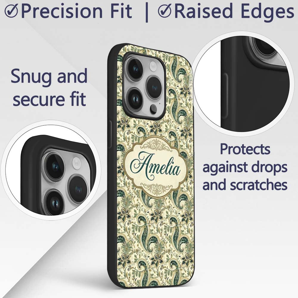 Elegant Green Gold Paisley Floral Printed Design Custom Name Protective Phone Case Mobile Cover Durable Everyday Smartphone Shock Resistant