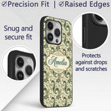 Elegant Green Gold Paisley Floral Printed Design Custom Name Protective Phone Case Mobile Cover Durable Everyday Smartphone Shock Resistant