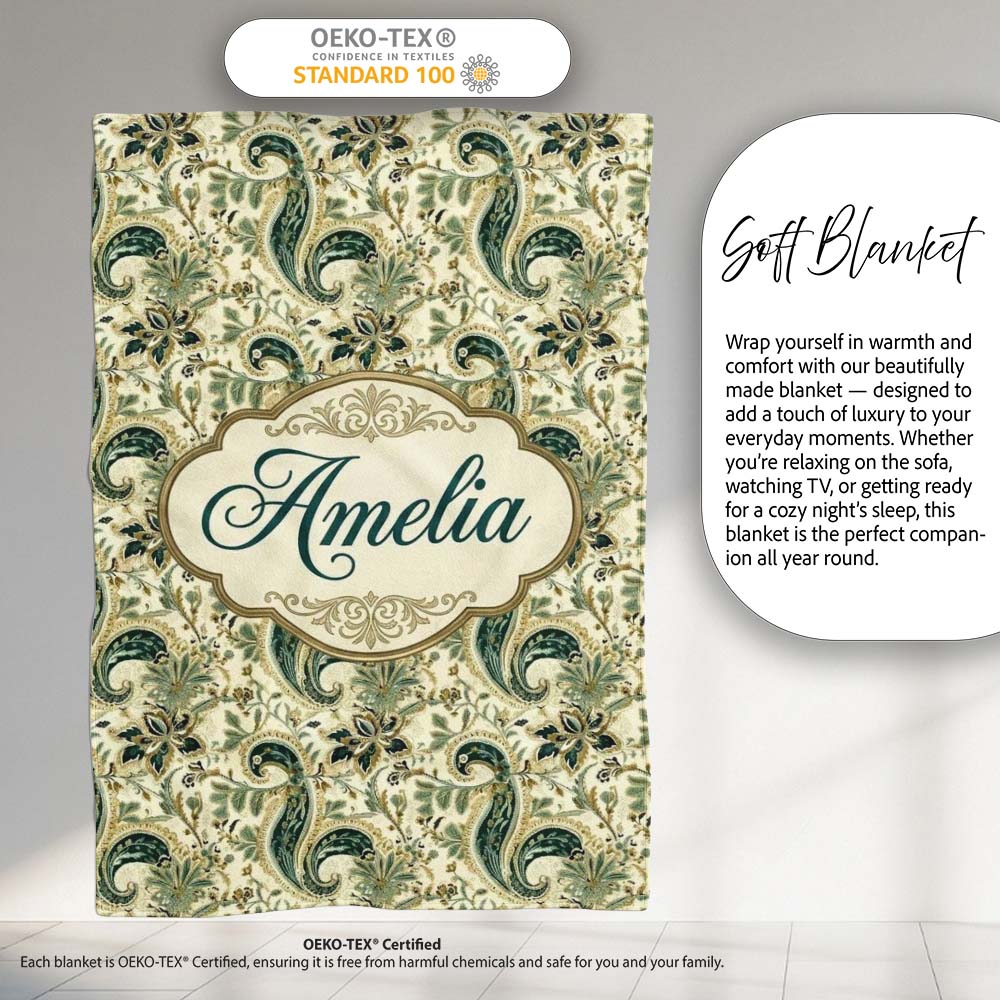 Elegant Green Gold Paisley Floral Seamless Pattern Name Cute Unique  Personalised Custom Name Super Soft Fleece Blanket Bed Sofa Throw