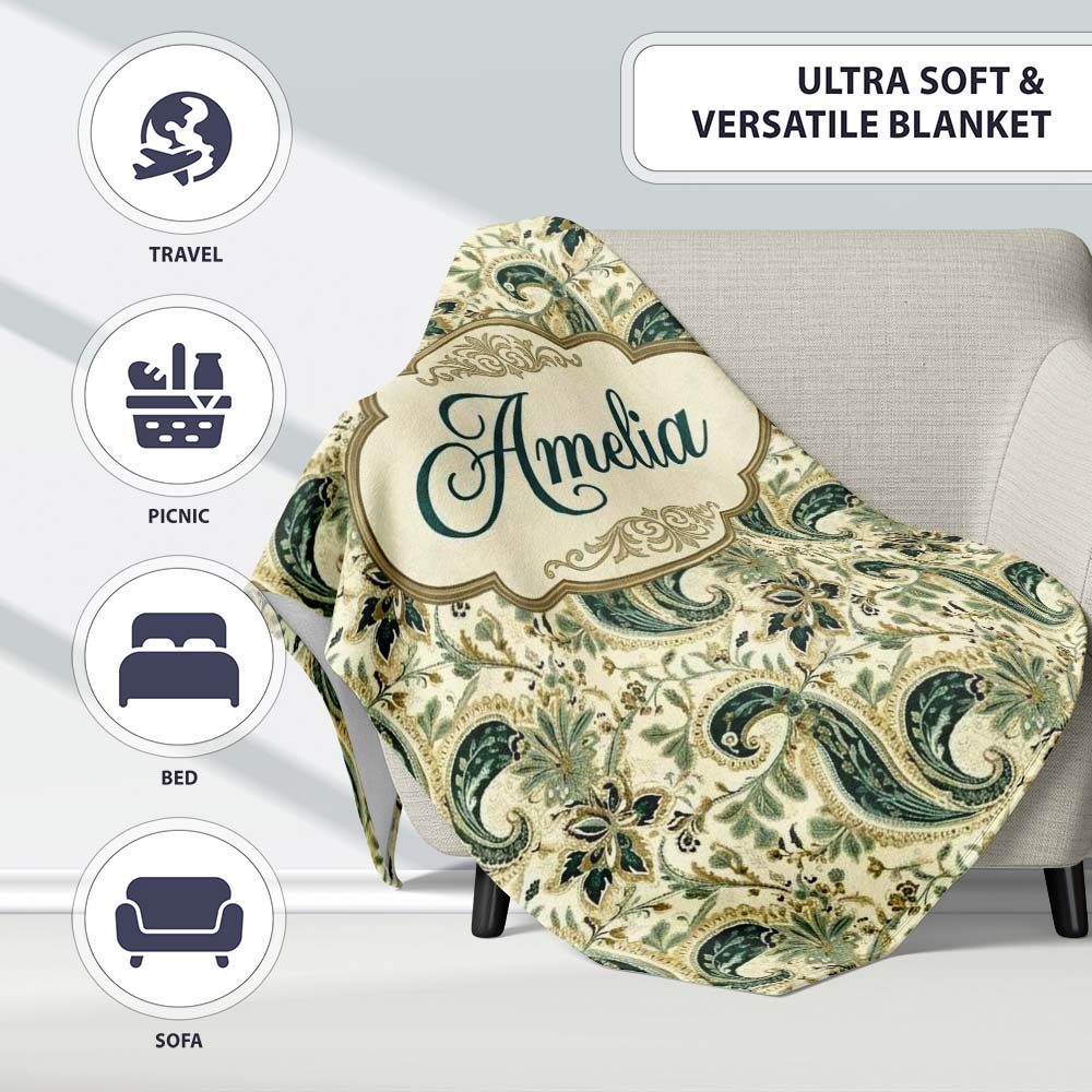 Elegant Green Gold Paisley Floral Seamless Pattern Name Cute Unique  Personalised Custom Name Super Soft Fleece Blanket Bed Sofa Throw