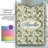 Elegant Green Gold Paisley Floral Seamless Pattern Name Cute Unique  Personalised Custom Name Super Soft Fleece Blanket Bed Sofa Throw