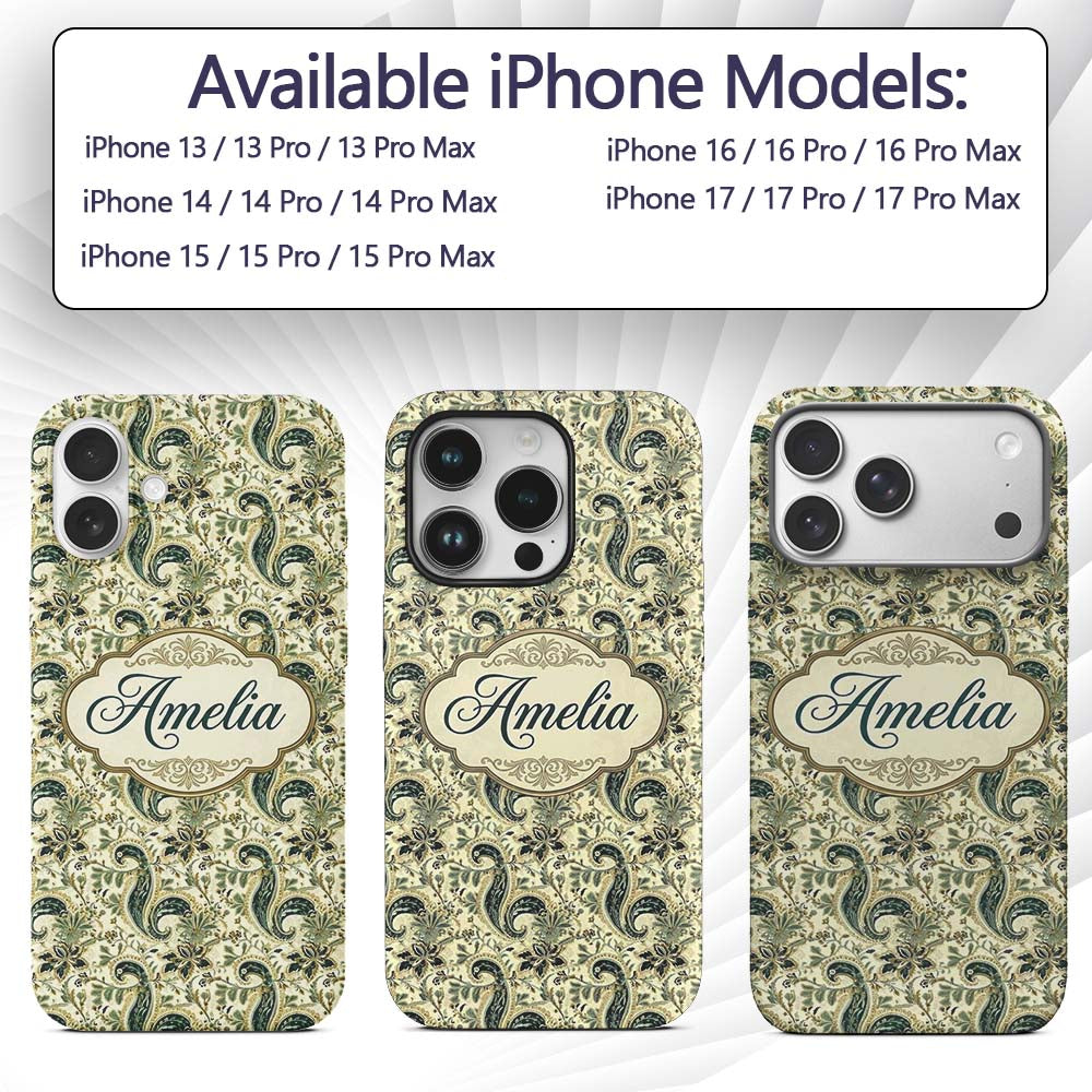 Elegant Green Gold Paisley Floral Printed Design Custom Name Protective Phone Case Mobile Cover Durable Everyday Smartphone Shock Resistant