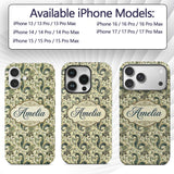 Elegant Green Gold Paisley Floral Printed Design Custom Name Protective Phone Case Mobile Cover Durable Everyday Smartphone Shock Resistant