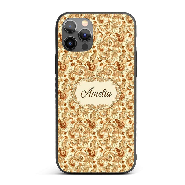 Vintage Brown Cream Paisley Floral Printed Design Custom Name Protective Phone Case Mobile Cover Durable Everyday Smartphone Shock Resistant