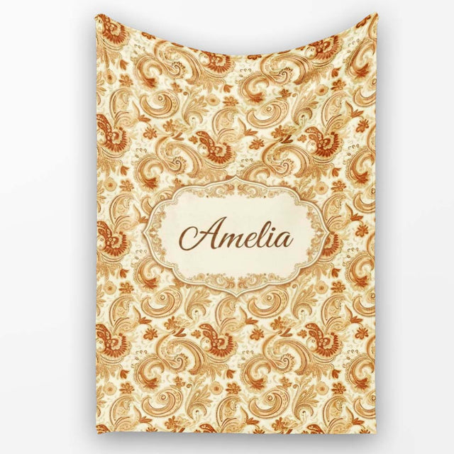 Vintage Brown Cream Paisley Floral Seamless Pattern Name Cute  Personalised Custom Name Super Soft Fleece Blanket Bed Sofa Throw
