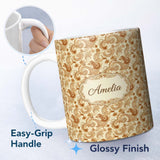 Personalized Custom Name Vintage Brown Cream Paisley Floral Seamless Pattern Name Cute 11oz Ceramic Coffee Tea Mug White Large Handle