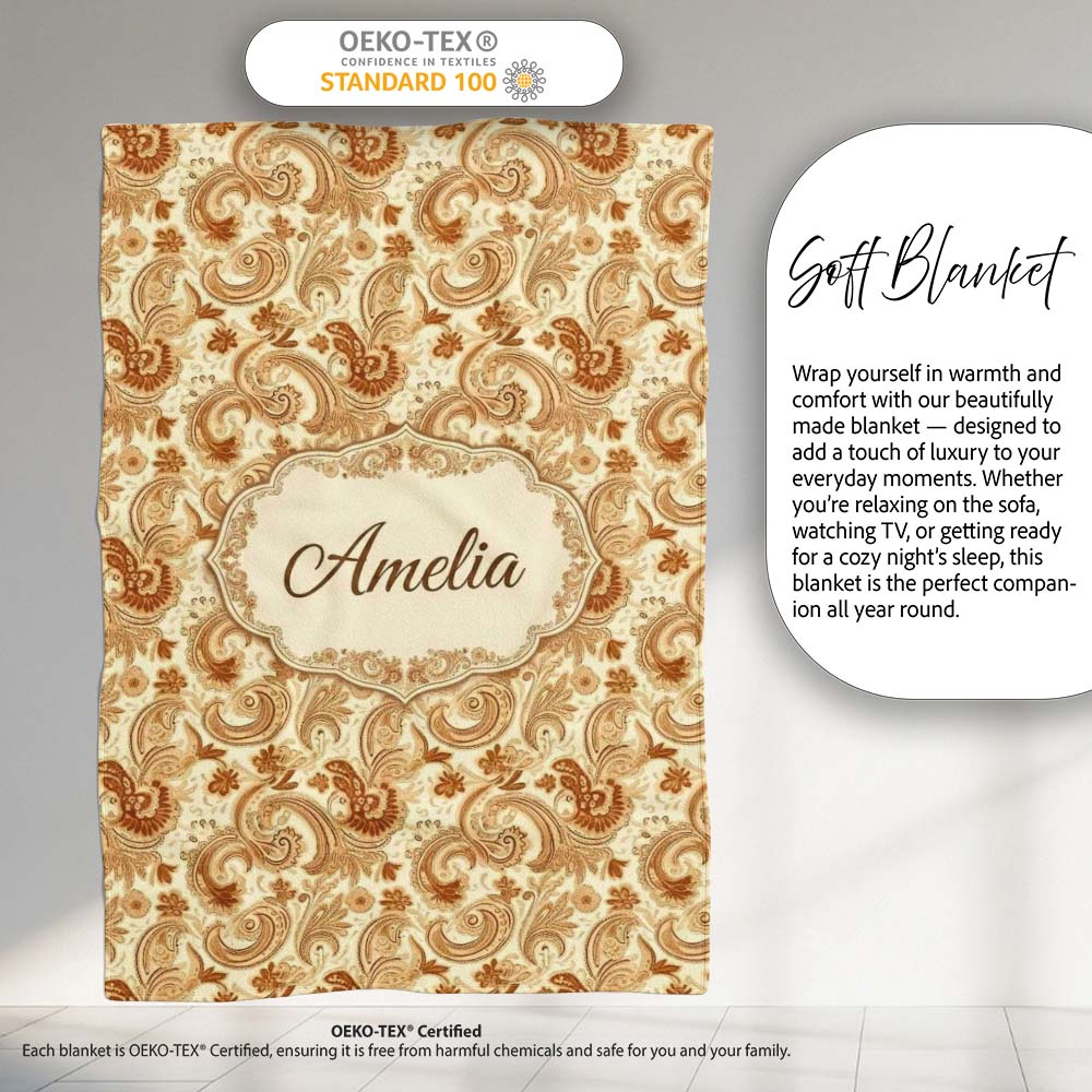 Vintage Brown Cream Paisley Floral Seamless Pattern Name Cute  Personalised Custom Name Super Soft Fleece Blanket Bed Sofa Throw