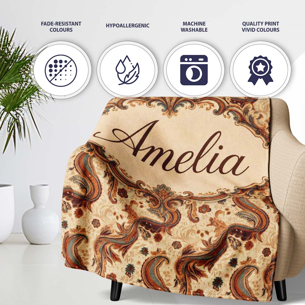Vintage Warm Brown Paisley Floral Seamless Pattern Name Cute Unique  Personalised Custom Name Super Soft Fleece Blanket Bed Sofa Throw