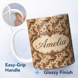 Personalized Custom Name Vintage Warm Brown Paisley Floral Seamless Pattern Name Cute Unique 11oz Ceramic Coffee Tea Mug White Large Handle