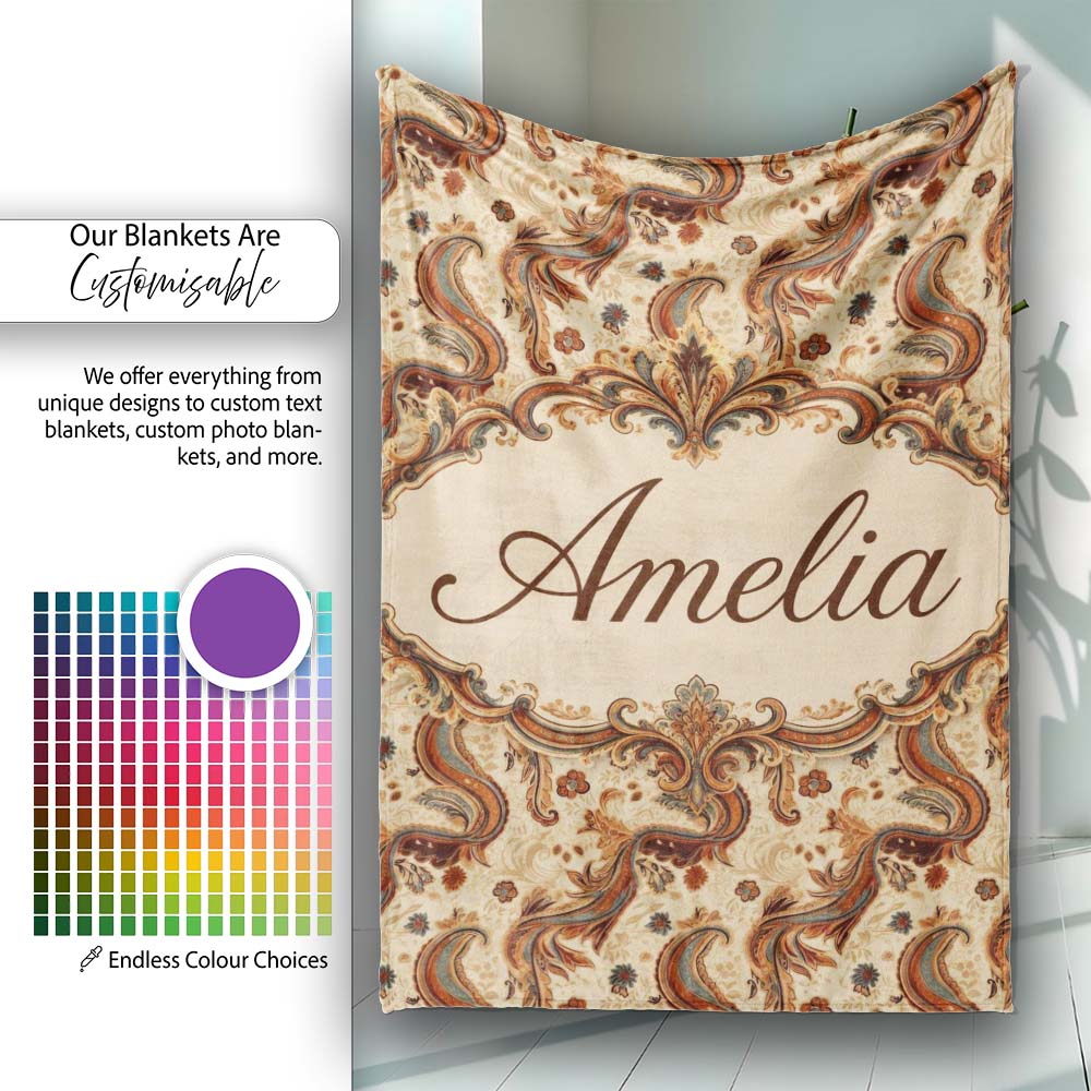 Vintage Warm Brown Paisley Floral Seamless Pattern Name Cute Unique  Personalised Custom Name Super Soft Fleece Blanket Bed Sofa Throw