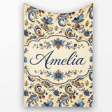 Elegant Blue Floral Paisley Vintage Seamless Pattern Name Cute  Personalised Custom Name Super Soft Fleece Blanket Bed Sofa Throw