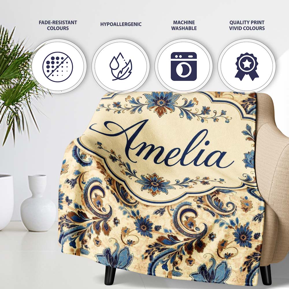 Elegant Blue Floral Paisley Vintage Seamless Pattern Name Cute  Personalised Custom Name Super Soft Fleece Blanket Bed Sofa Throw
