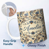 Personalized Custom Name Elegant Blue Floral Paisley Vintage Seamless Pattern Name Cute 11oz Ceramic Coffee Tea Mug White Large Handle
