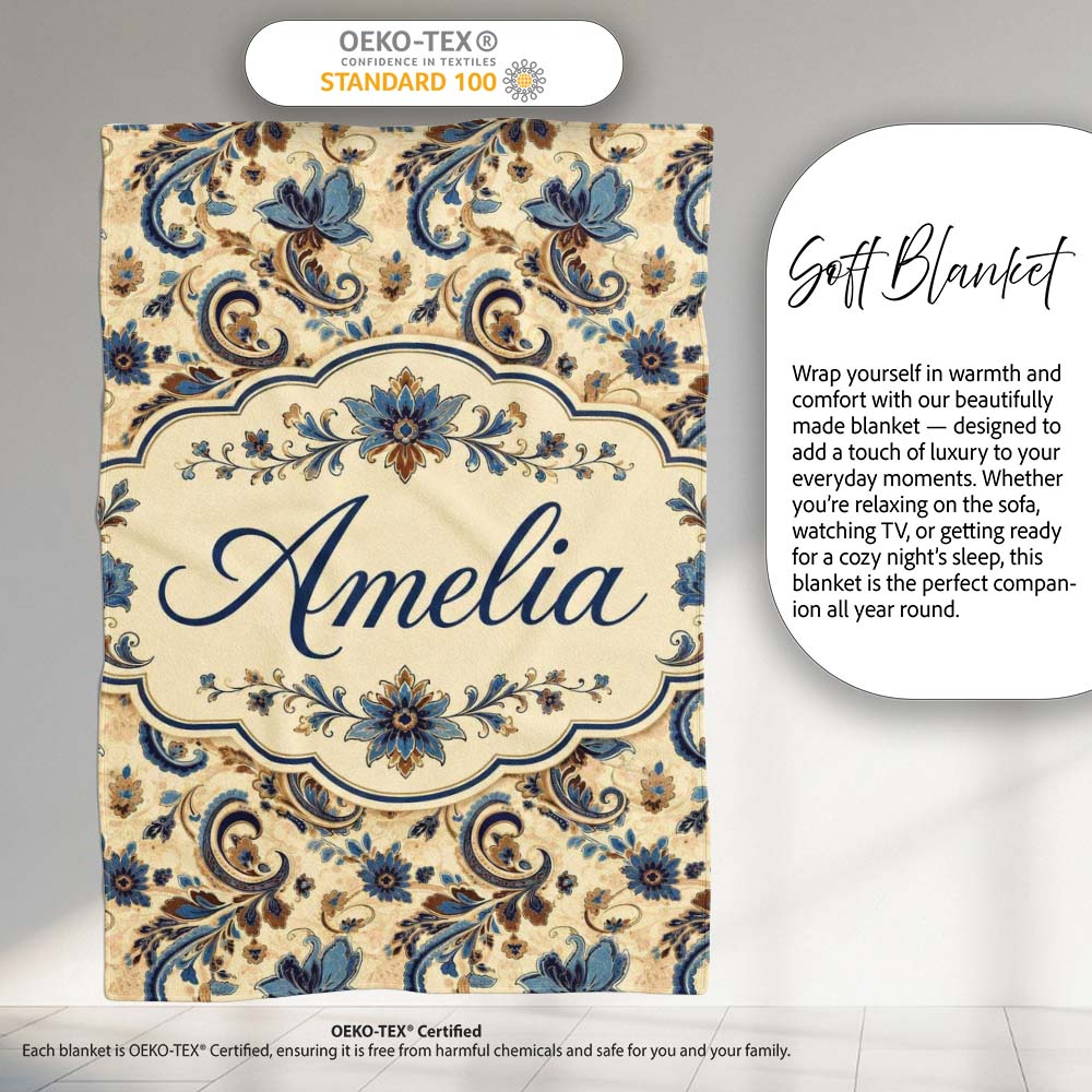 Elegant Blue Floral Paisley Vintage Seamless Pattern Name Cute  Personalised Custom Name Super Soft Fleece Blanket Bed Sofa Throw