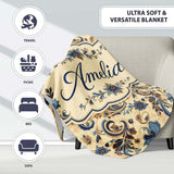Elegant Blue Floral Paisley Vintage Seamless Pattern Name Cute  Personalised Custom Name Super Soft Fleece Blanket Bed Sofa Throw