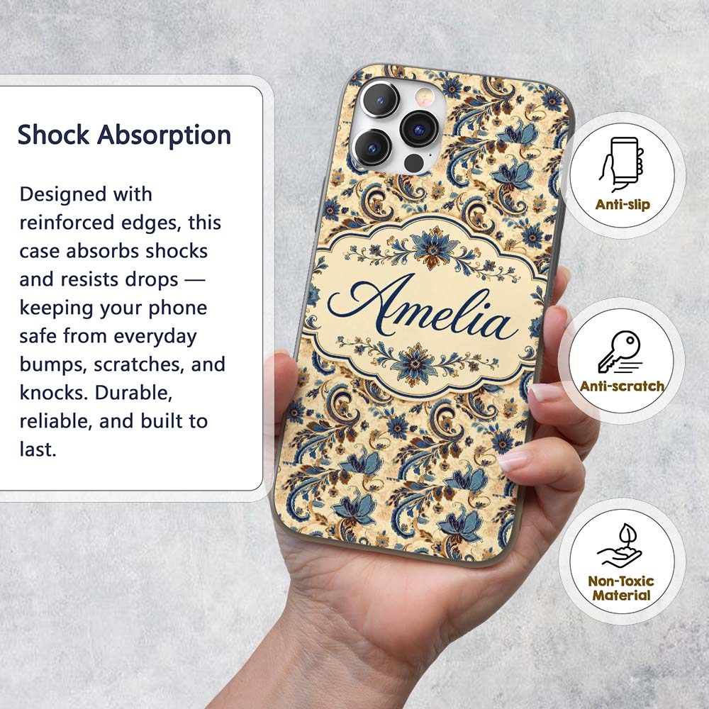 Elegant Blue Floral Paisley Vintage Seamless Custom Name Protective Phone Case Mobile Cover Durable Everyday Smartphone Shock Resistant