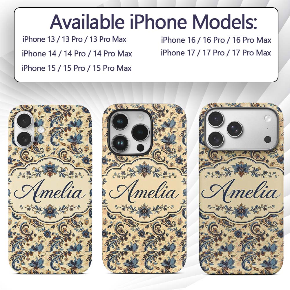 Elegant Blue Floral Paisley Vintage Seamless Custom Name Protective Phone Case Mobile Cover Durable Everyday Smartphone Shock Resistant