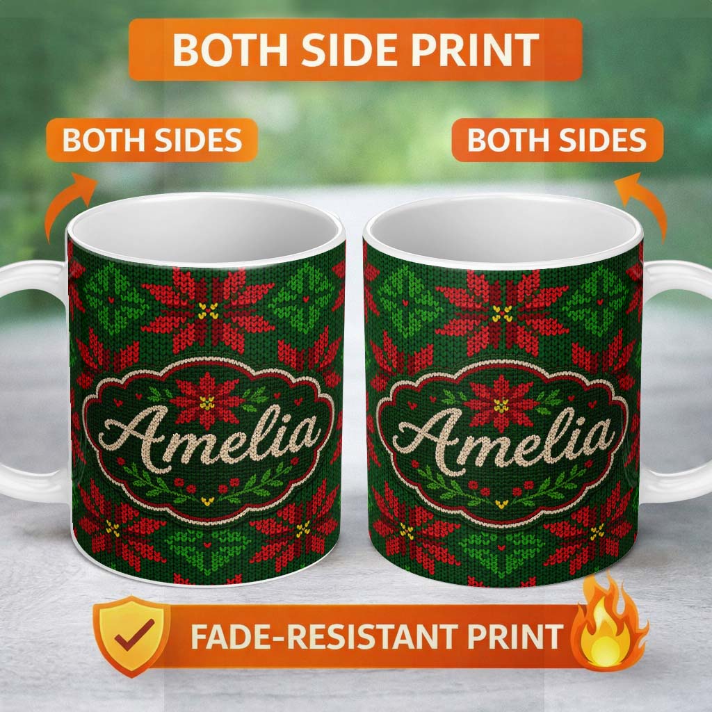 Personalized Custom Name Festive Holly Leaf Berry Knit Pattern Green Red Christmas Seamless 11oz Ceramic Coffee Tea Mug White Large Handle
