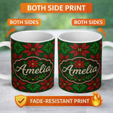 Personalized Custom Name Festive Holly Leaf Berry Knit Pattern Green Red Christmas Seamless 11oz Ceramic Coffee Tea Mug White Large Handle