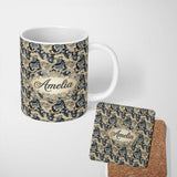 Personalized Custom Name Luxury Navy Gold Floral Paisley Seamless Pattern Name Cute Unique 11oz Ceramic Coffee Tea Mug White Large Handle