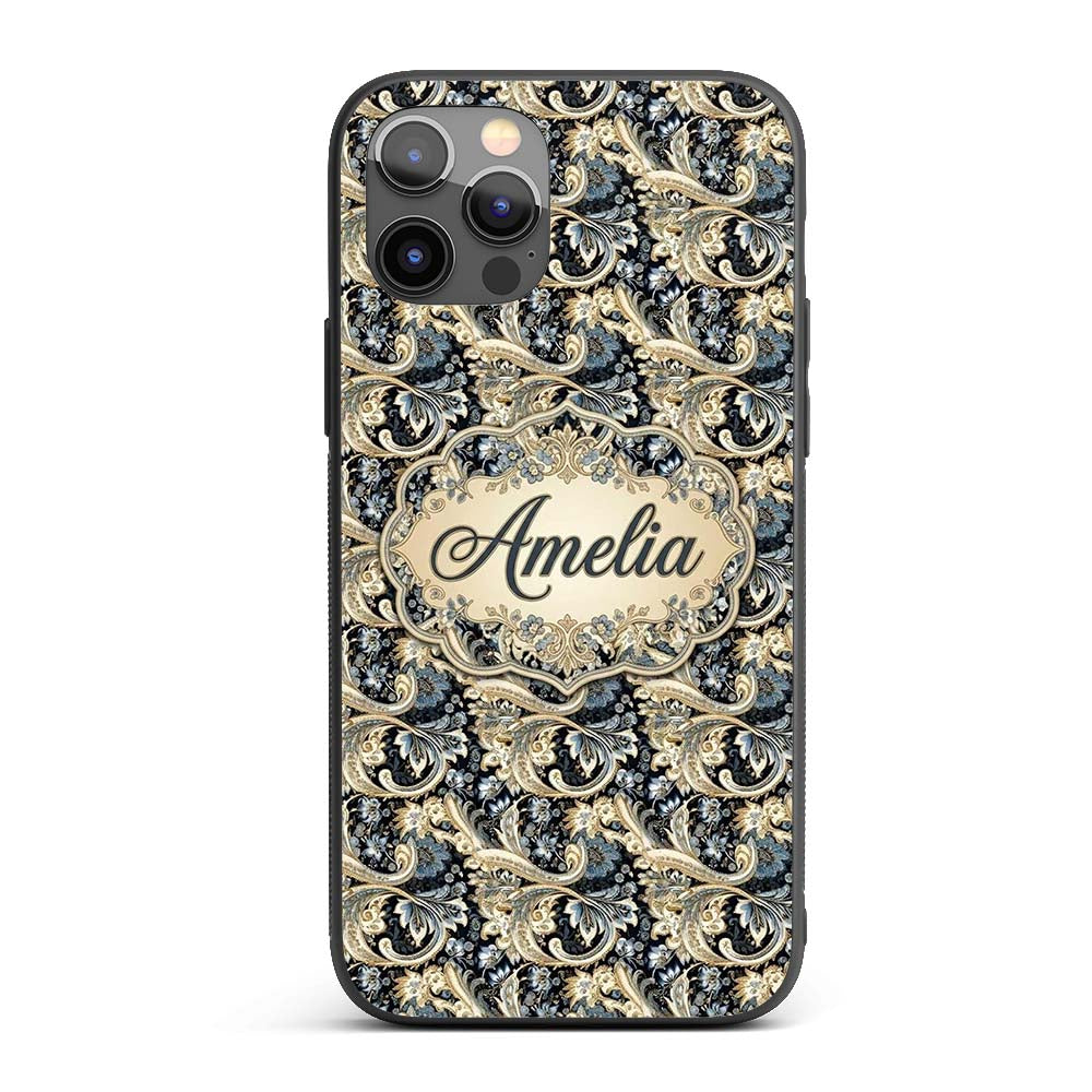 Luxury Navy Gold Floral Paisley Seamless Pattern Custom Name Protective Phone Case Mobile Cover Durable Everyday Smartphone Shock Resistant