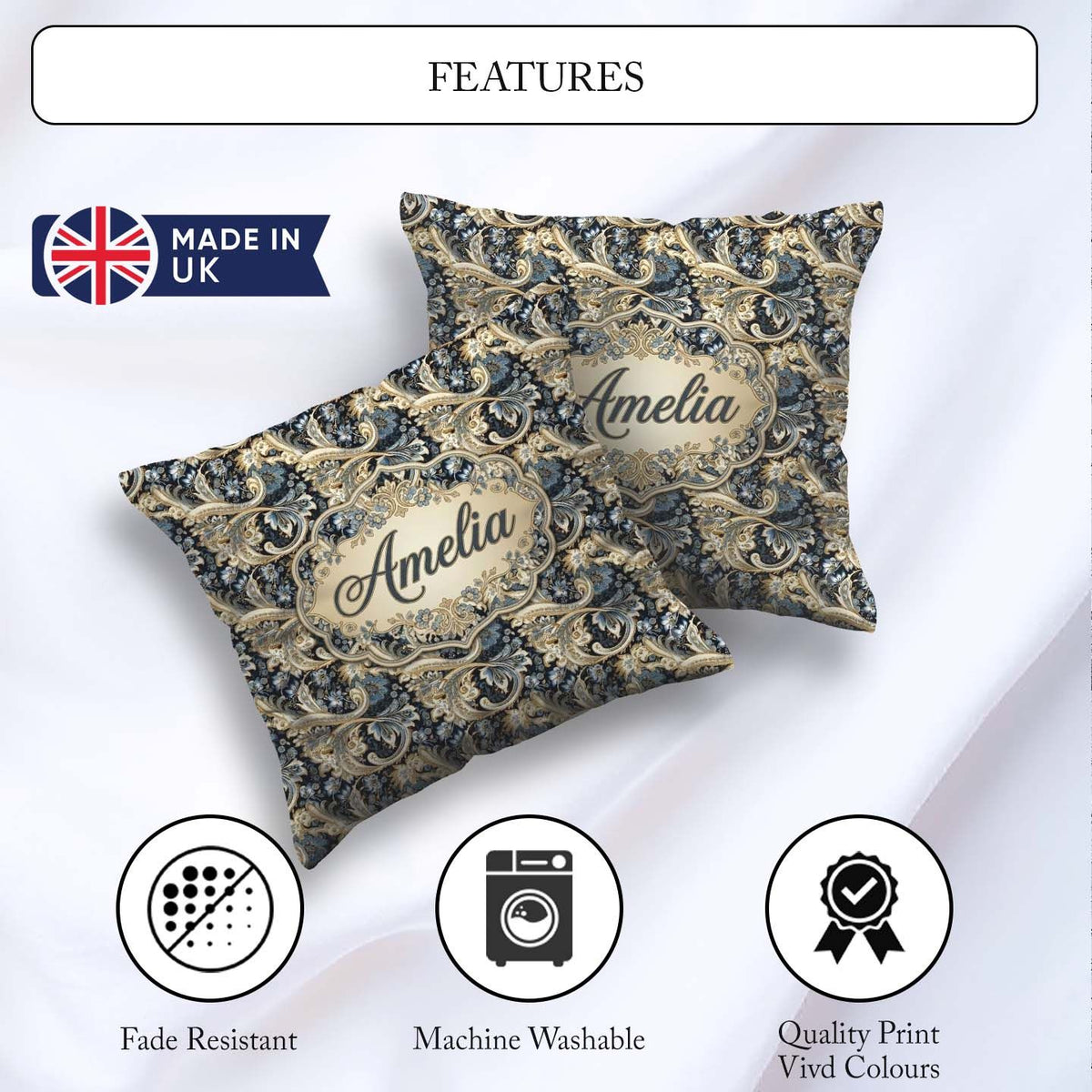 Custom Name Luxury Navy Gold Paisley Seamless Pattern Name Cute Square Filled Cushion Throw Pillow Sofa Bed Home Decor Zip Washable UK Made