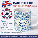 Personalized Custom Name Classic Blue Floral Vine Pattern on Light Background Vintage Style 11oz Ceramic Coffee Tea Mug White Large Handle