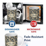 Personalized Custom Name Luxury Navy Gold Floral Paisley Seamless Pattern Name Cute Unique 11oz Ceramic Coffee Tea Mug White Large Handle