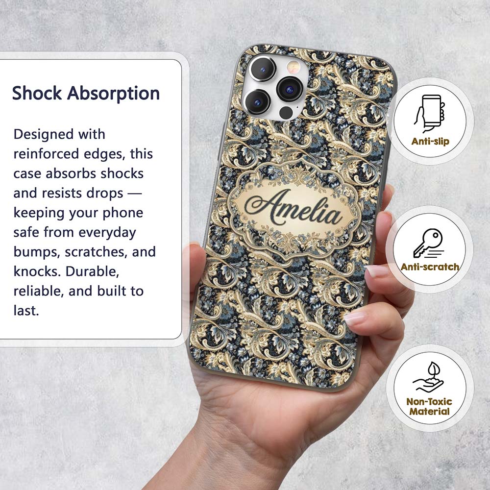 Luxury Navy Gold Floral Paisley Seamless Pattern Custom Name Protective Phone Case Mobile Cover Durable Everyday Smartphone Shock Resistant