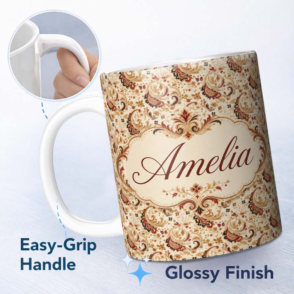 Personalized Custom Name Classic Red Gold Paisley Floral Vintage Seamless Pattern Name Cute 11oz Ceramic Coffee Tea Mug White Large Handle