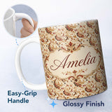 Personalized Custom Name Classic Red Gold Paisley Floral Vintage Seamless Pattern Name Cute 11oz Ceramic Coffee Tea Mug White Large Handle