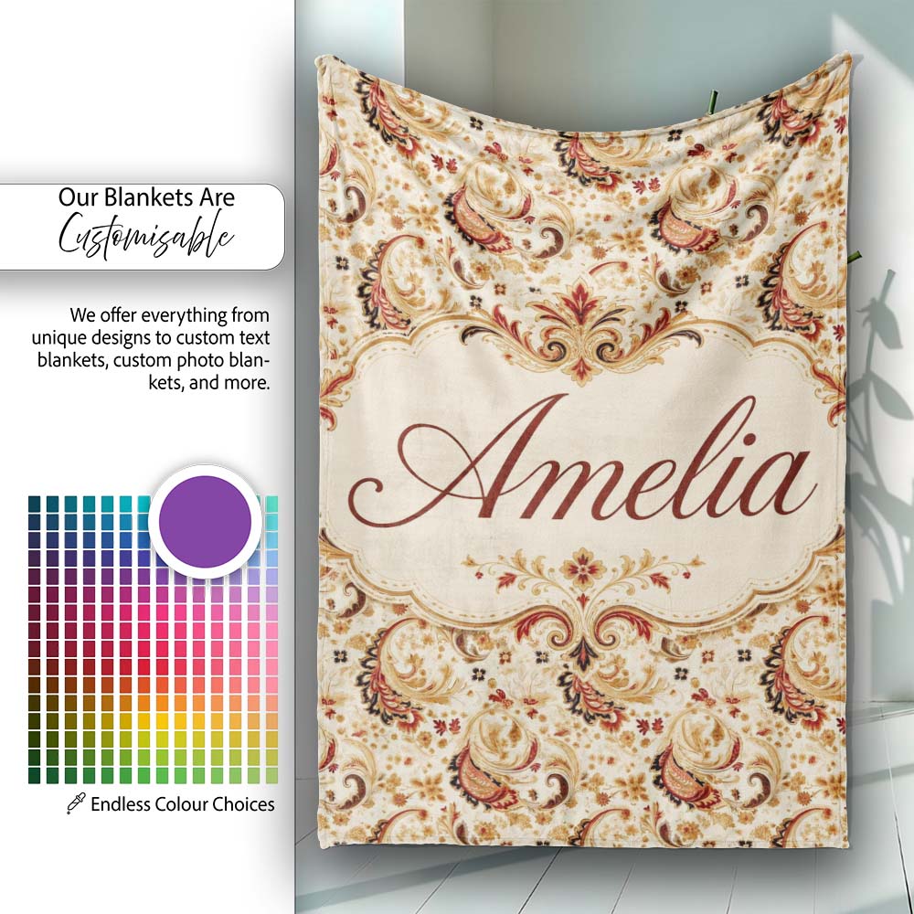 Classic Red Gold Paisley Floral Vintage Seamless Pattern Name Cute  Personalised Custom Name Super Soft Fleece Blanket Bed Sofa Throw