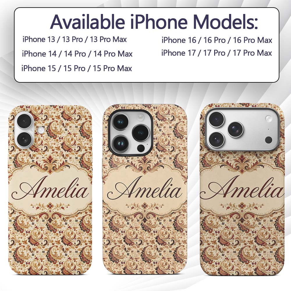 Classic Red Gold Paisley Floral Vintage Seamless Custom Name Protective Phone Case Mobile Cover Durable Everyday Smartphone Shock Resistant