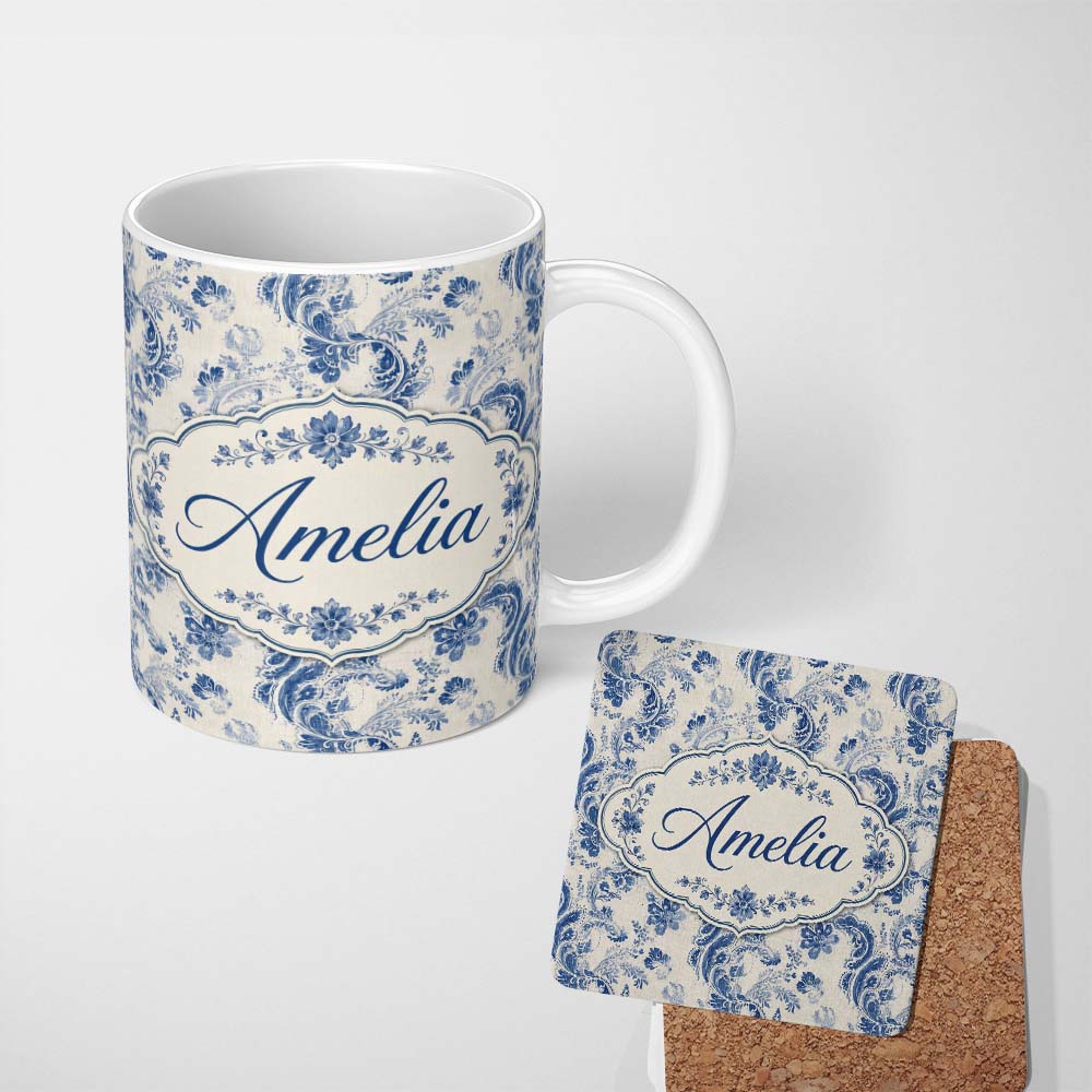 Personalized Custom Name Soft Blue Vintage Floral Paisley Seamless Pattern Name Cute Unique 11oz Ceramic Coffee Tea Mug White Large Handle